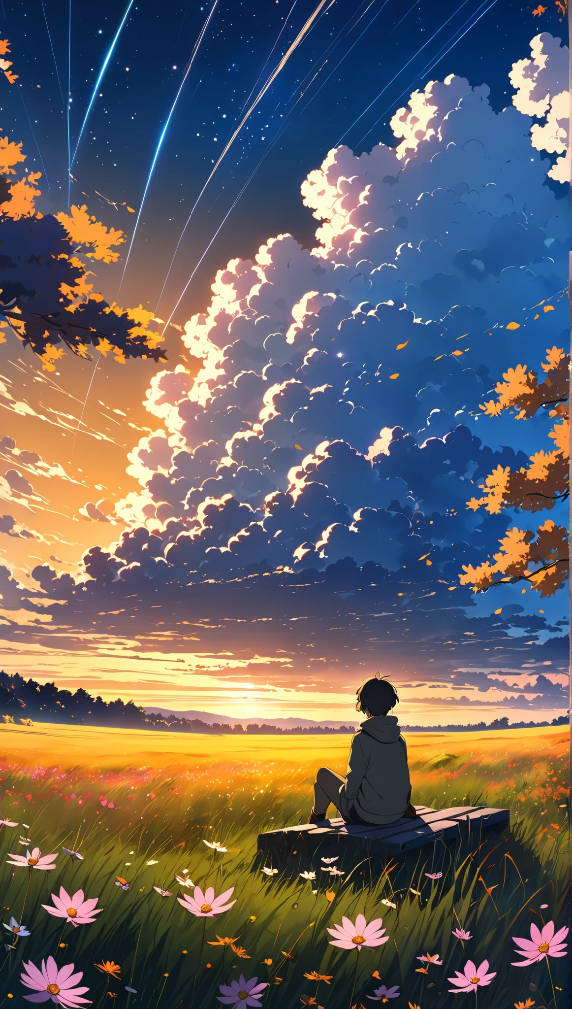 Night scene, Boy sitting on an autumn meadow with lots of clouds, A boy sitting on a cloudy autumn meadow looking at the vast sky full of cosmos, grass, sky, Makoto Shinkai Cyril Roland, 4k anime art wallpaper, 4k anime art wallpaper, Animated background, 8K anime art wallpaper, Animated background art, Animated landscape wallpaper, Amazing wallpaper, HD wallpaper, 4K animation wallpaper, 4K animation wallpaper, Art by Aries Moros, Art: Bob Biary, AI Art by Ashley Wood, Greg Rutkowski