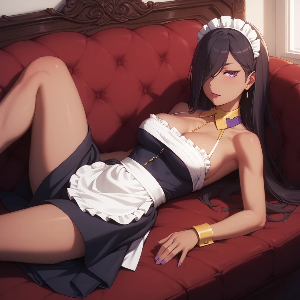 (ultra detailed sexy maid),Dark skin,(blue hair),(green eyes),(thin frame glasses):(1.2),focus on face,curvy body,soft and detached lighting,serving in luxurious home,modern and elegant kitchen.