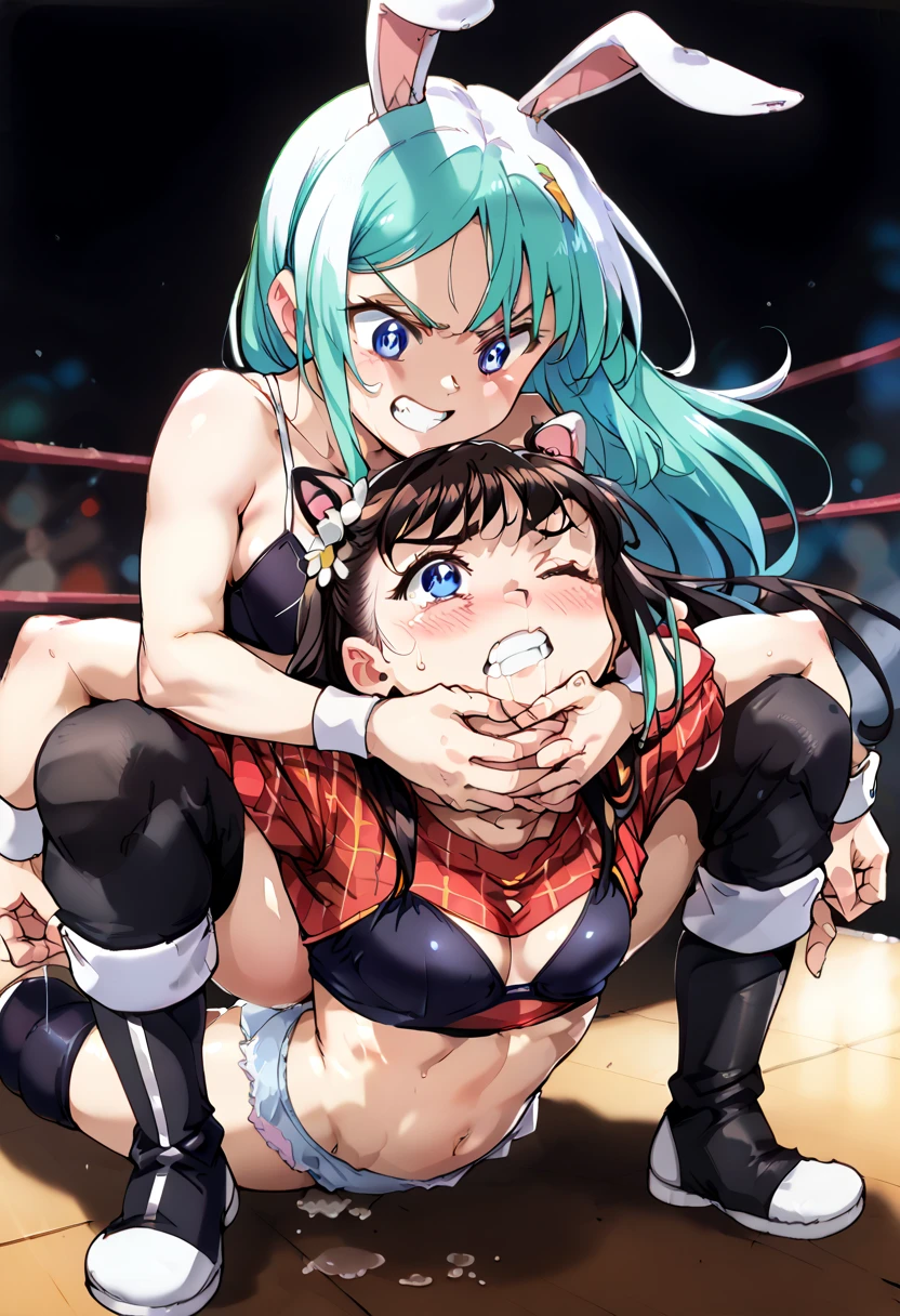 Female professional wrestling scene , anime screenshot、2 girls: Fighter 1 , Fighter 2.  (Fighter 1:  She wears a black swimsuit with bunny ears and white hair 。  an idol fighter popular in the female professional wrestler 。 So cute。  title fight with a fighter 2) 。(Fighter 2: She wears an open red plaid shirt , black bra, blue panties,  green hair ,  Blue Eyes,  CURVILINEO BODY ) . Fighter 2  atacada por trás pela Fighter 1 。 Fighter 2 estrangulada pelos braços da Fighter 1 , saliva is running from mouth 。 Fighter 1 abraça com força o pescoço da Fighter 2 。 Fighter 1 aplica um perfeito Camel Clutch na Fighter 2。  perfect anatomy  (does not switch fighters)