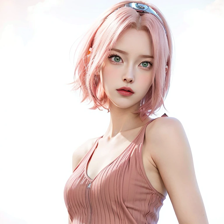 young woman, short shoulder-length pink hair, wide forehead, porcelain skin, pink eyebrows, big emerald green eyes, buttoned nose, full lips, heart-shaped face, slender body, small breasts, red tank top, Sakura Haruno , realistic, realism, details, 3d, well detailed