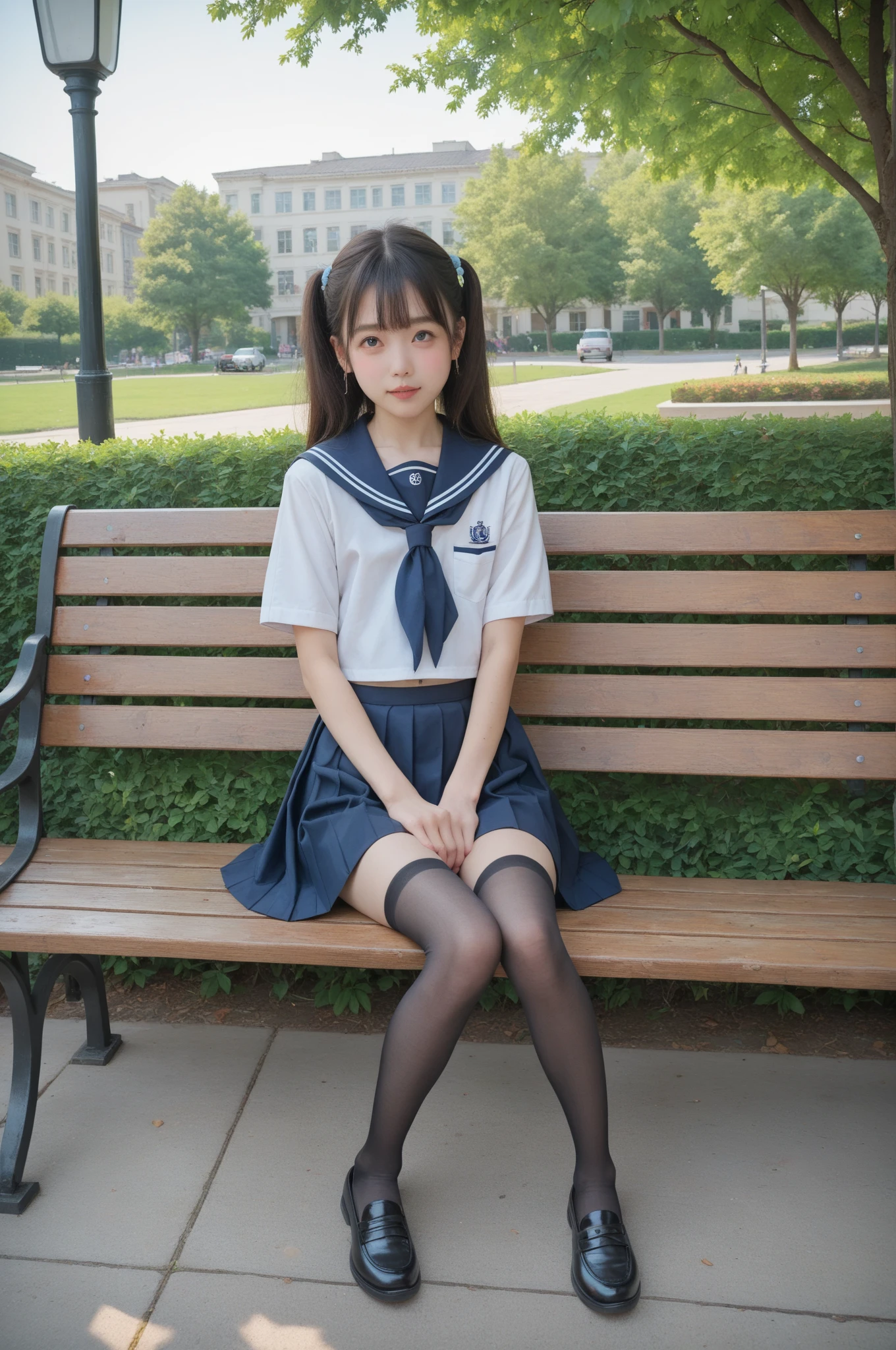   sailor suit ,***************************, cute girl,masterpiece,4K,8k,16k,  black stockings,  sit on a park bench , is short