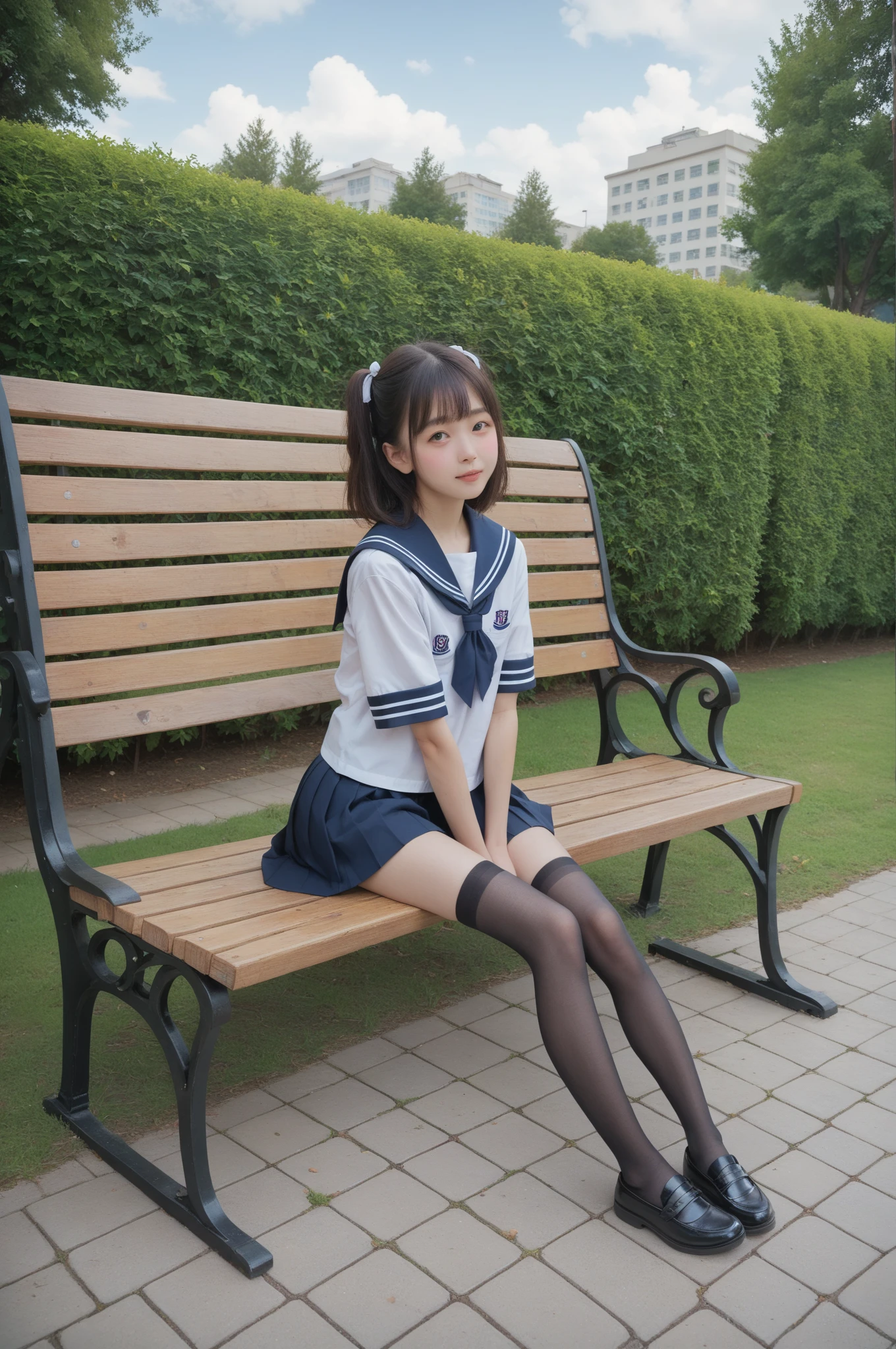   sailor suit ,***************************, cute girl,masterpiece,4K,8k,16k,  black stockings,  sit on a park bench , is short