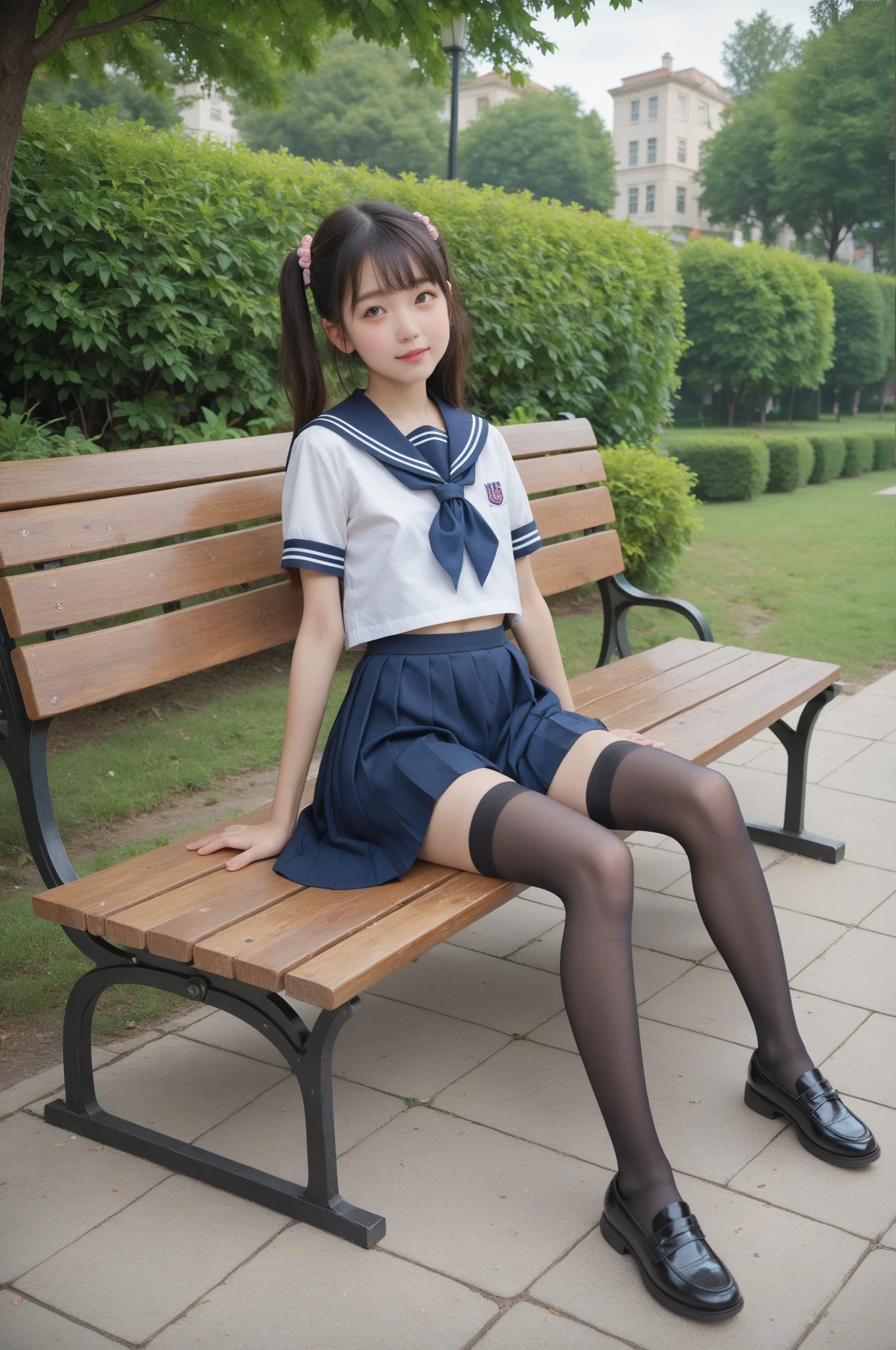   sailor suit ,***************************, cute girl,masterpiece,4K,8k,16k,  black stockings,  sit on a park bench , is short