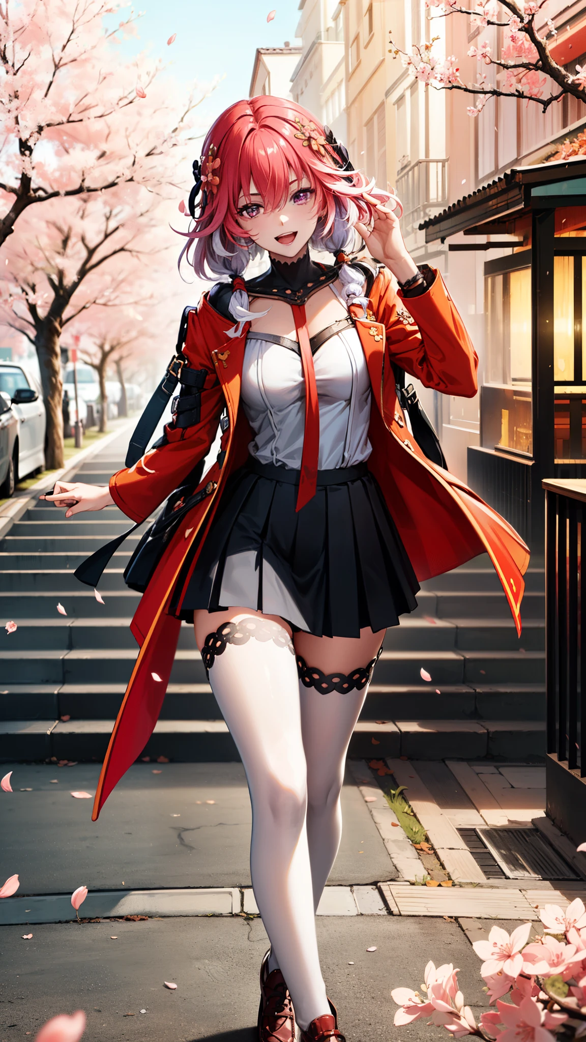 (masterpiece, One quality , Best Quality , Official Art , beautiful and beautiful :1.2),(8k, Best Quality , masterpiece:1.2), (((masterpiece))),((( Best Quality ))),((( extremely detailed))),illustration,who, (masterpiece, One quality , Best Quality , Official Art , beautiful and beautiful :1.2),(8k, Best Quality , masterpiece:1.2), 1girl, one, girl, Collapse: Star Trails, Huangquan, purple hair , long hair, shorts, one eye is hidden behind the hair, Monocular Mask , purple eyes, white shirt , sweater, Pleated Skirt, pantyhose, light Smile, Double V, looking at the audience , Smile, open mouth, outdoor, street, Cherry blossoms, petal, Depth of Field