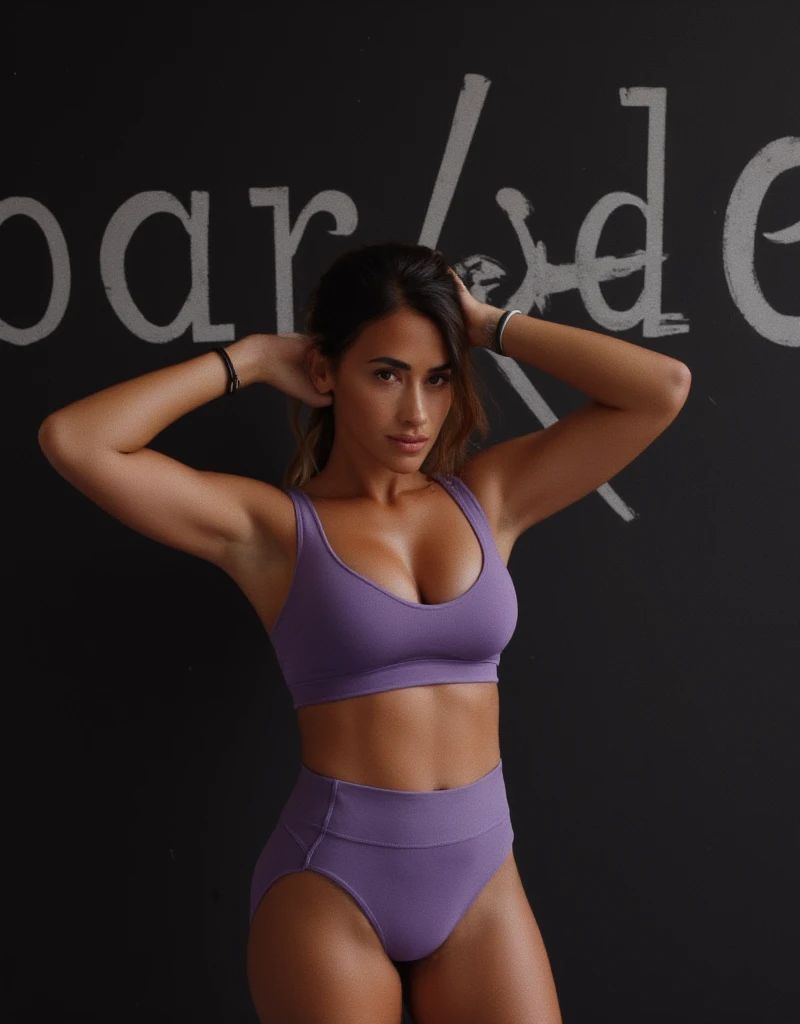 Photograph,woman, 28 year old,tibetan,ideal-body,Gingersnap Brown,twisted side ponytail,black text,bombshell,natural skin,realistic,BREAK wearing violet sports bra,sports panties, Antonela Roccuzzo, (((written "BLACKED" behind on the wall))), cleavage, cleavage, cameltoe, back view, RAW photography, cleavage, front view, close view, portrait of Antonella Roccuzzo 