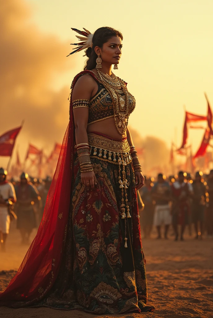 Generate A picture of a stunning beautiful but a fearless warrior Indian queen who is giving leadership on a massive battlefield
 