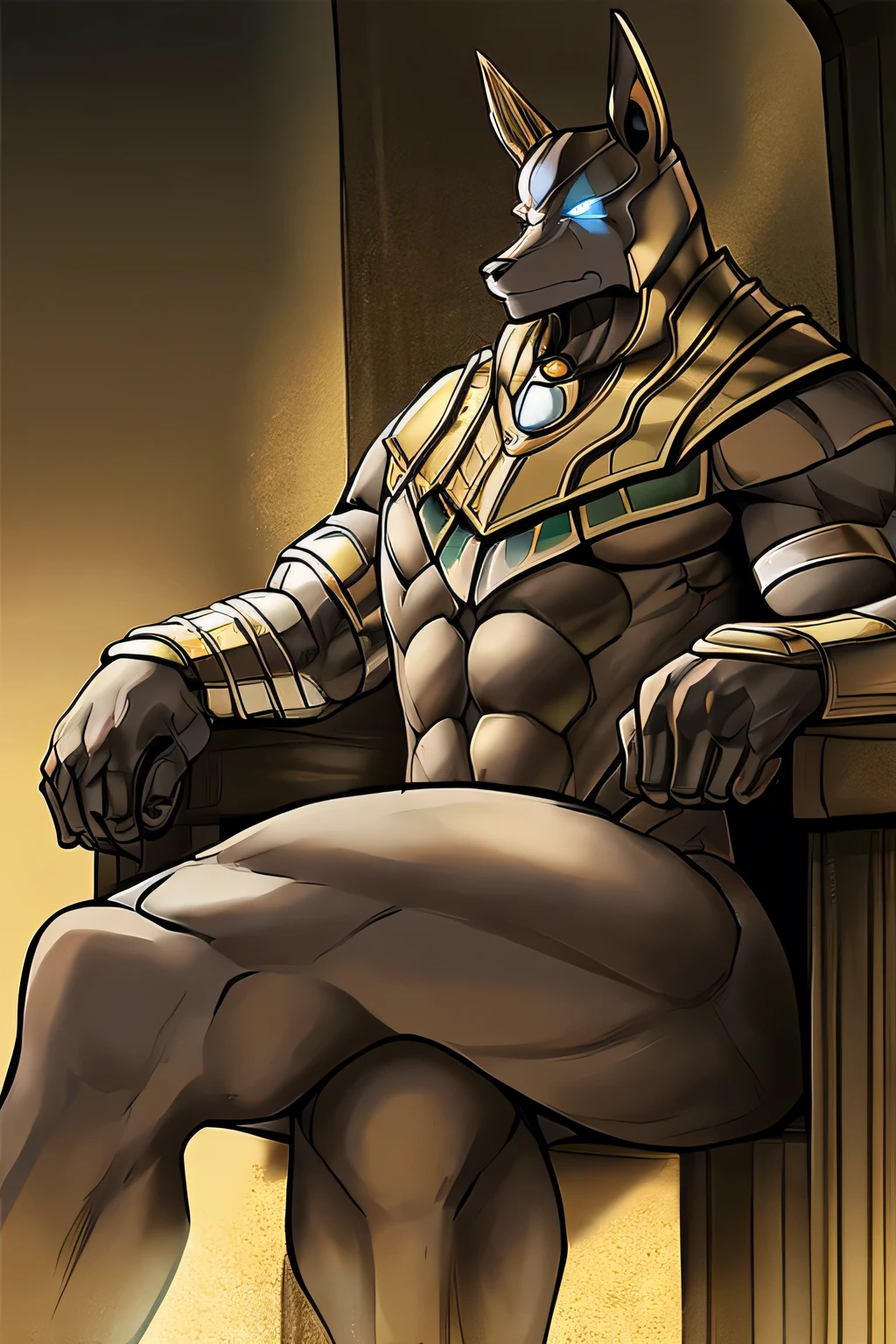 detailed, detailed eyes, detailed face, detailed hands, adult male, solo, nasus, sitting in an throne with crossed legs, completely naked, naked, nude, serious expression, angry look, blue eyes, glowing eyes, sand powers, imposing, full-length portrait,