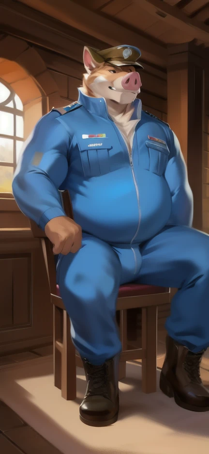 Old Caucasian police officer, round chubby face, no jawline, grey hair, male, fat, chubby, short hair, wearing dirty socks, only wearing socks, leaking cum, cum everywhere, smelly socks, sweaty, stench coming from socks, sitting on couch, feet propped up on table, stinky socks, grey pubes, furry ears