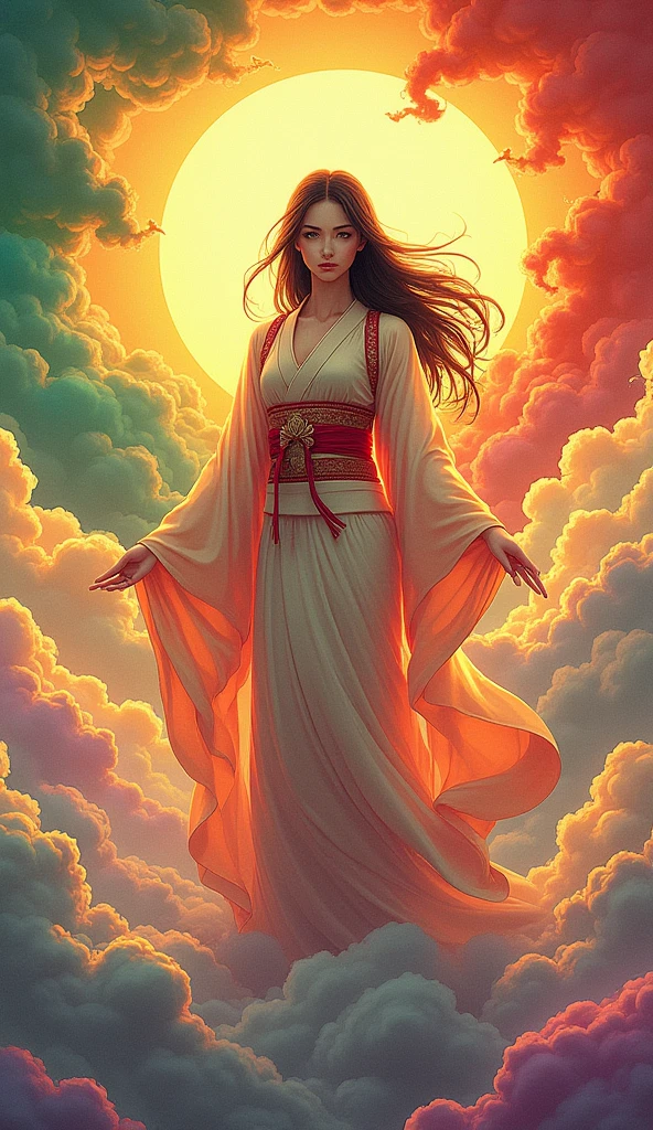  Beautiful Goddess Amaterasu, whole body, Japan's highest goddess ,  A gentle face,  beautiful dark hair, Takamagahara prayer, bright yellow,orange,red,green,green,Purple,Rainbow Clouds,  high image quality, masterpiece, manga cartoon art, 