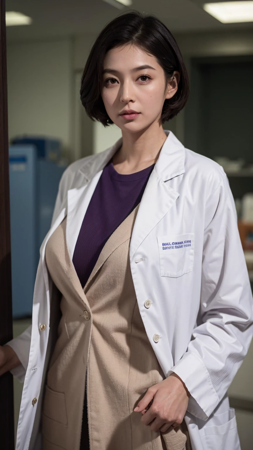 Alone,  high res , masterpiece,   anatomically correct,  top quality ,  Multiple Award-Winning Works  ,  Ultra-fine,   textured skin , woman、(([doctor's lab coat)),  background is university hospital entrance 、40 years old、doctor、 Very Shorthair split at the center、Big Breasts、(( looking at camera)),