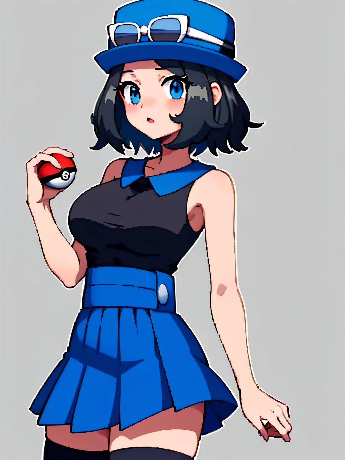 masterpiece, best quality, highres, aaserena, solo, short hair, eyewear on headwear, blue headwear, eyelashes, blue eyes, sleeveless shirt, black shirt, high-waist skirt, blue skirt, black thighhighs, standing, cowboy shot, large breasts, very short hair, blushing, black hair, white background, expresionless, holding a pokeball