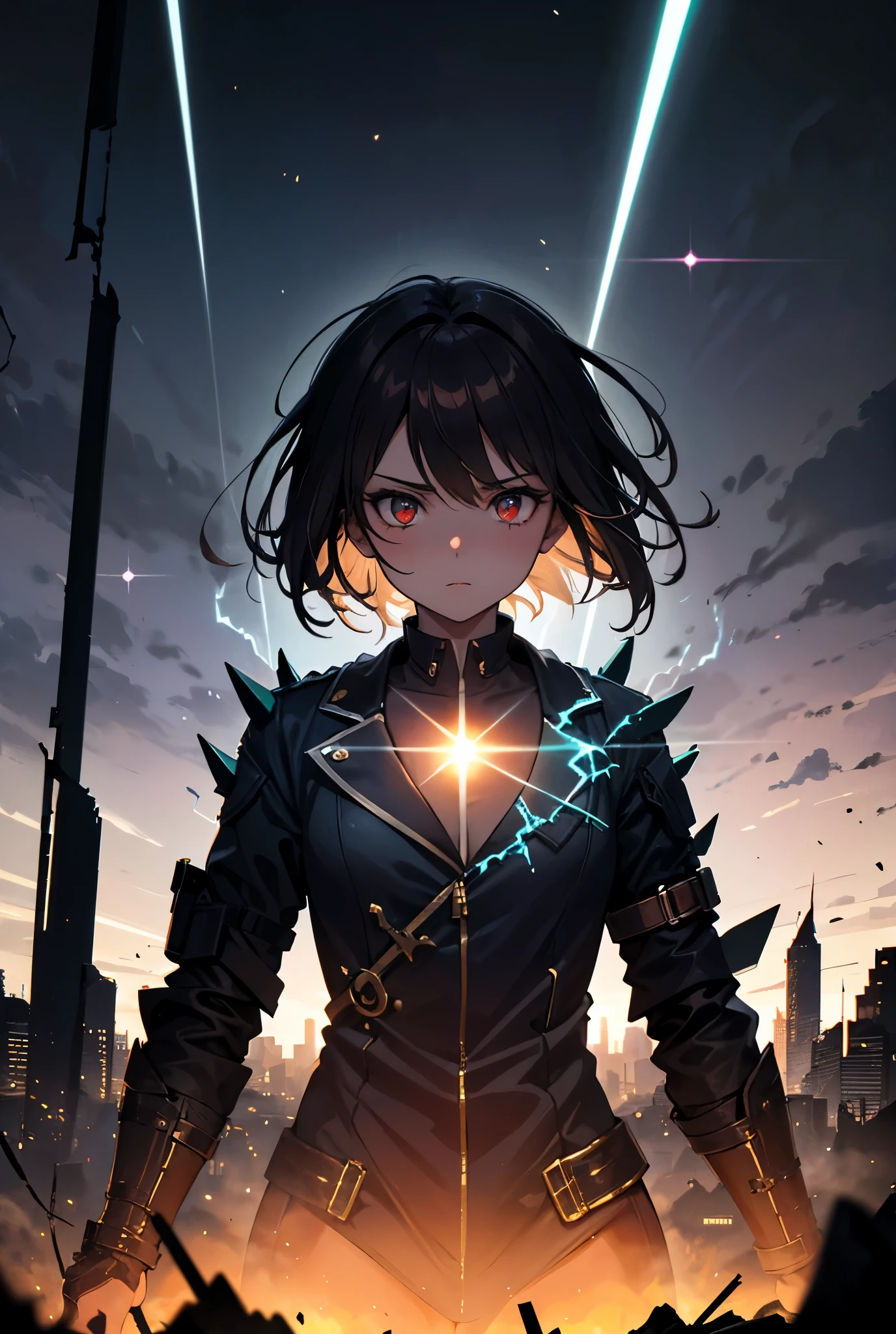 **"An anime-style post-apocalyptic scene with dramatic lighting and shadows. The crimson and dark blue sky looms over a ruined futuristic cityscape, its jagged remains casting long shadows. In the foreground, two protagonists stand amidst debris, back-to-back: a young man with spiky hair, surrounded by glowing metallic shards that orbit around him in dynamic motion, their metallic sheen reflecting ambient light; and a young woman with flowing dark hair holding radiant green vines glowing softly, her expression fierce yet compassionate. Behind them, the colossal 'Evolution Core' crystal hovers, emitting a pulsing, radiant light that casts stark contrasts between bright highlights and deep shadows across the scene.
The lighting is high contrast, with the protagonists illuminated from the glow of the crystal, while the ruins around them are engulfed in dramatic shadows, adding depth and tension. The anime art style features sharp lines, expressive facial details, and vibrant colors, captu