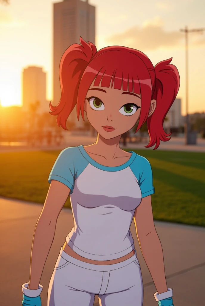 Create a hyper-realistic, cinematic-quality image of Jenna Ortega ((j3nnaort3ga)) cosplaying as Gwen Tennyson from Ben 10. Jenna embodies Gwen with ultra-realism, capturing her iconic look with ((ultra quality)) and ((tmasterpiece)) detail. Her hair is styled in Gwen's signature red, extremely short cut, framing her beautiful, cute face. Her beautiful female lips are full and inviting, with a charming, aroused expression as she looks directly at the camera with a gentle, alluring smile. Her dark green eyes are slightly closed, exuding both confidence and sensuality.

Jenna's skin is a realistic white tone, with a natural body glare that enhances her perfect female figure. Her beautiful female hands are delicate yet strong, and her gorgeous big thighs and beautiful little breasts are subtly emphasized, maintaining a balance of subtle and beautiful sensuality. She is dressed in Gwen's iconic outfit: tight white pants and a white T-shirt with blue sleeves, the fabric's textures rendered with meticulous detail to ensure authenticity.

The background is set in a city park during a beautiful sunset, the warm, golden light casting a soft glow over the scene. The depth of field is expertly managed to draw attention to Jenna, with a high quality, clear image that boasts crisp details and is ((higly detailed)). The lighting is professional, akin to a Photo Session, with clear focus on every aspect of the image, from Jenna's expression to the intricate details of her outfit and the surrounding environment.

This prompt is designed to generate a photorealistic, cinematic-quality image of Jenna Ortega as Gwen Tennyson, capturing the essence of the character with striking realism and attention to detail, set against a beautifully rendered, realistic anime-inspired backdrop.
