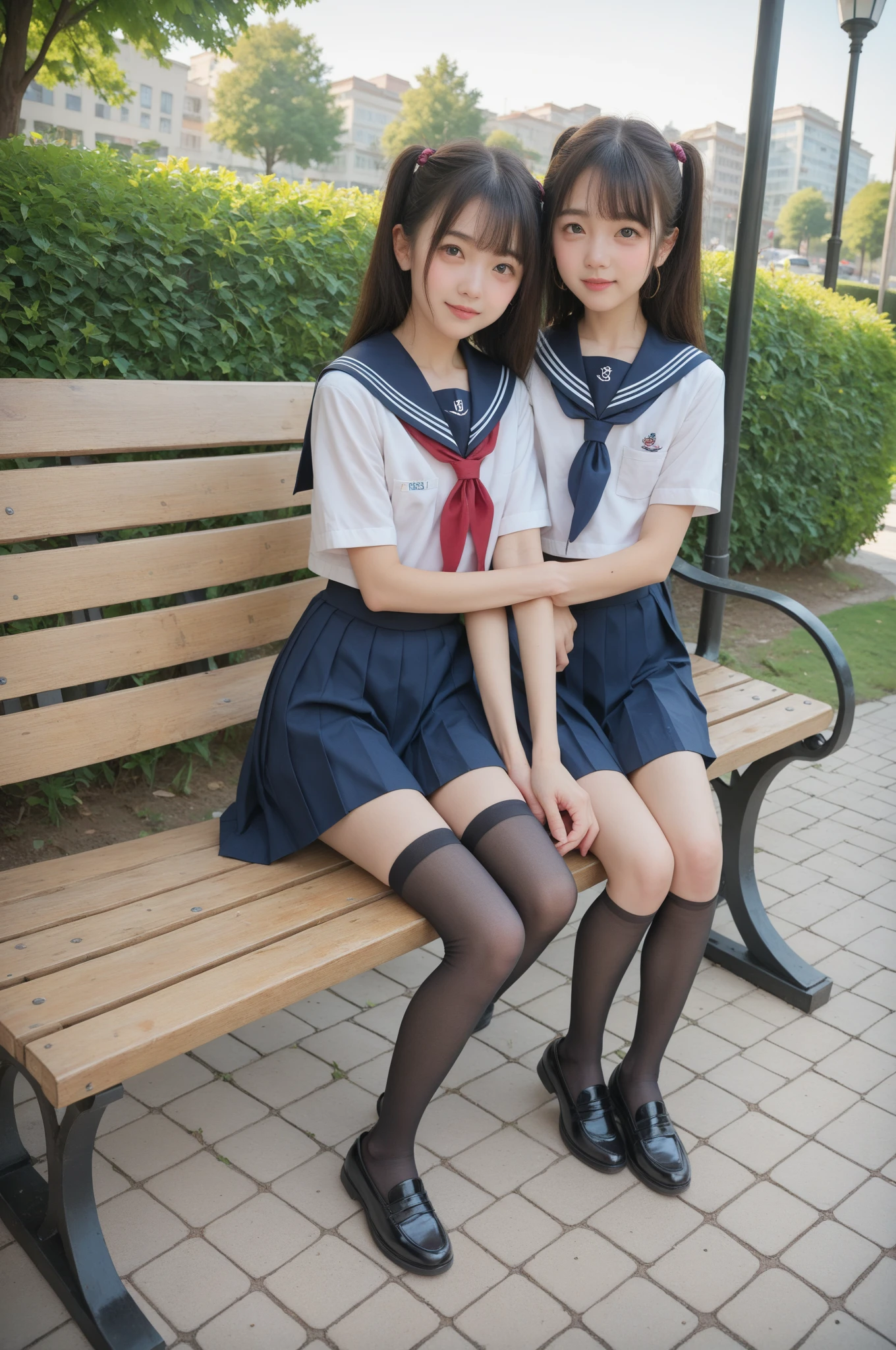   sailor suit ,***************************, cute girl,masterpiece,4K,8k,16k,  black stockings,  sit on a park bench , is short