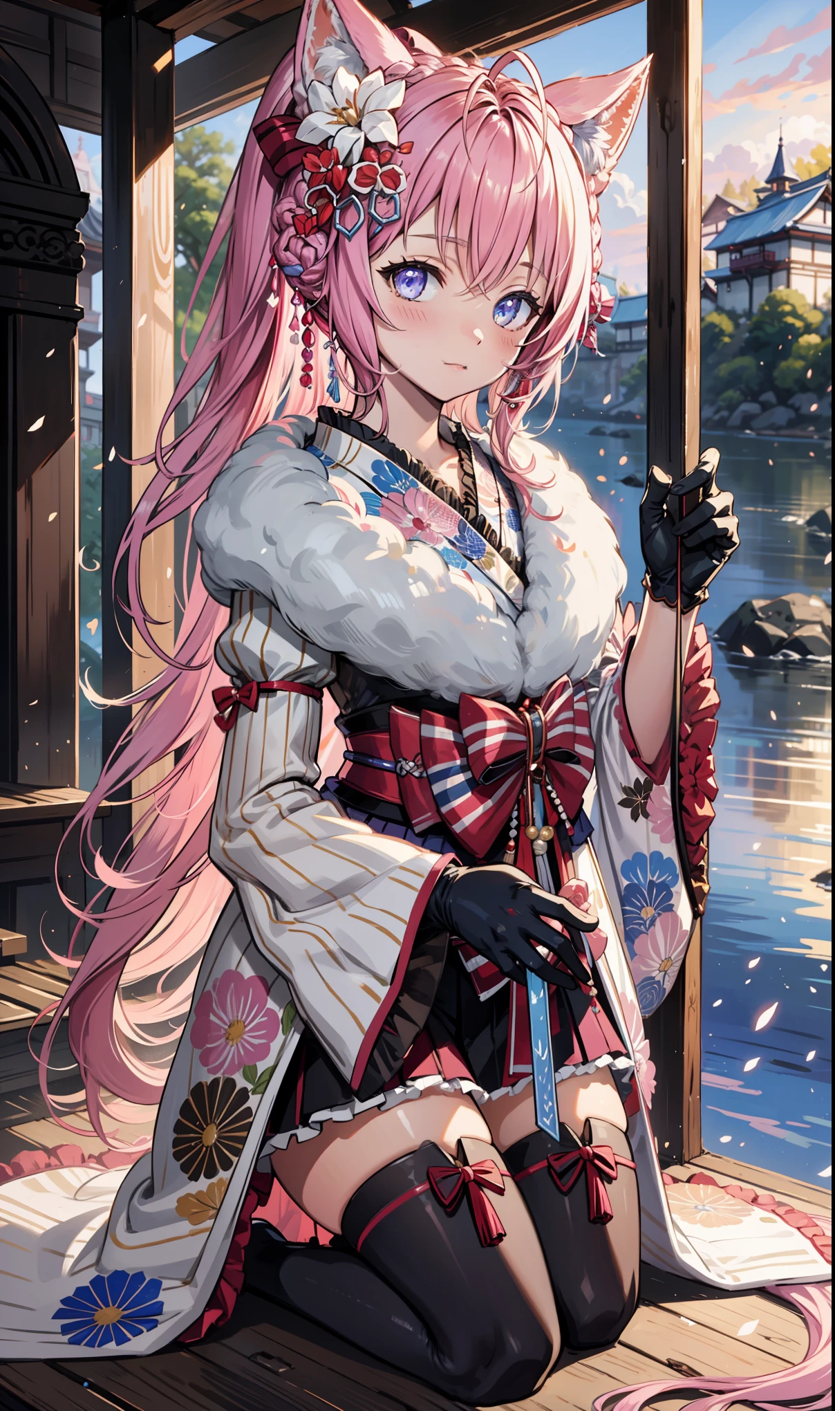 masterpiece,    Top Quality ,    high-resolution ,  masterpiece:1.2,     high quality  , 8K,      beautiful and meticulous growth   ,  happy ，  heavy costume，  blush，  kimono， Japanese costume ，Side Ponytail，  Fantasy World , Ice and snow fly  ,  winter，Mysterious landscape  ， black gloves ，Strike a pose，Beautiful sleeves  ，   Lots of clothes on the chest ， Small curves   