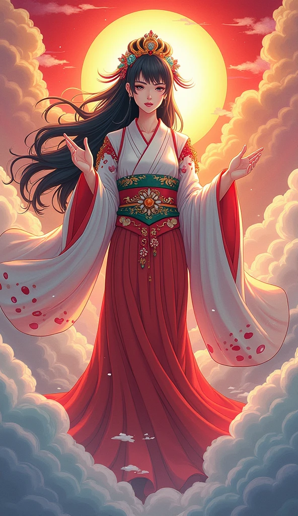  Beautiful Goddess Amaterasu, whole body, Japan's highest goddess ,  A gentle face,  beautiful dark hair, Takamagahara prayer, Vivid Rainbow Clouds ,  high image quality, masterpiece, Cartoon Art, 