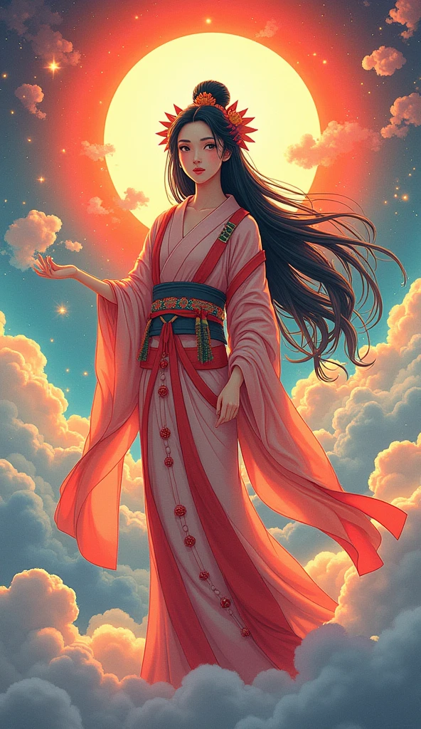  Beautiful Goddess Amaterasu, whole body, Japan's highest goddess ,  A gentle face,  beautiful dark hair, Takamagahara prayer, Vivid Rainbow Clouds ,  high image quality, masterpiece, Cartoon Art, 