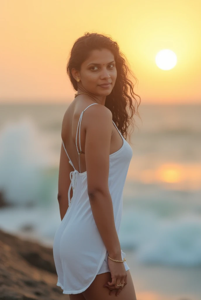 Profile picture of a beautiful 31 year old indian Kerala woman,she wearing a very short White dress,Pieds nus , connecting the sky to the sea and balance, the great waves of the sea to his right and to his left, sunset , Soft lighting in the back, facing camera 