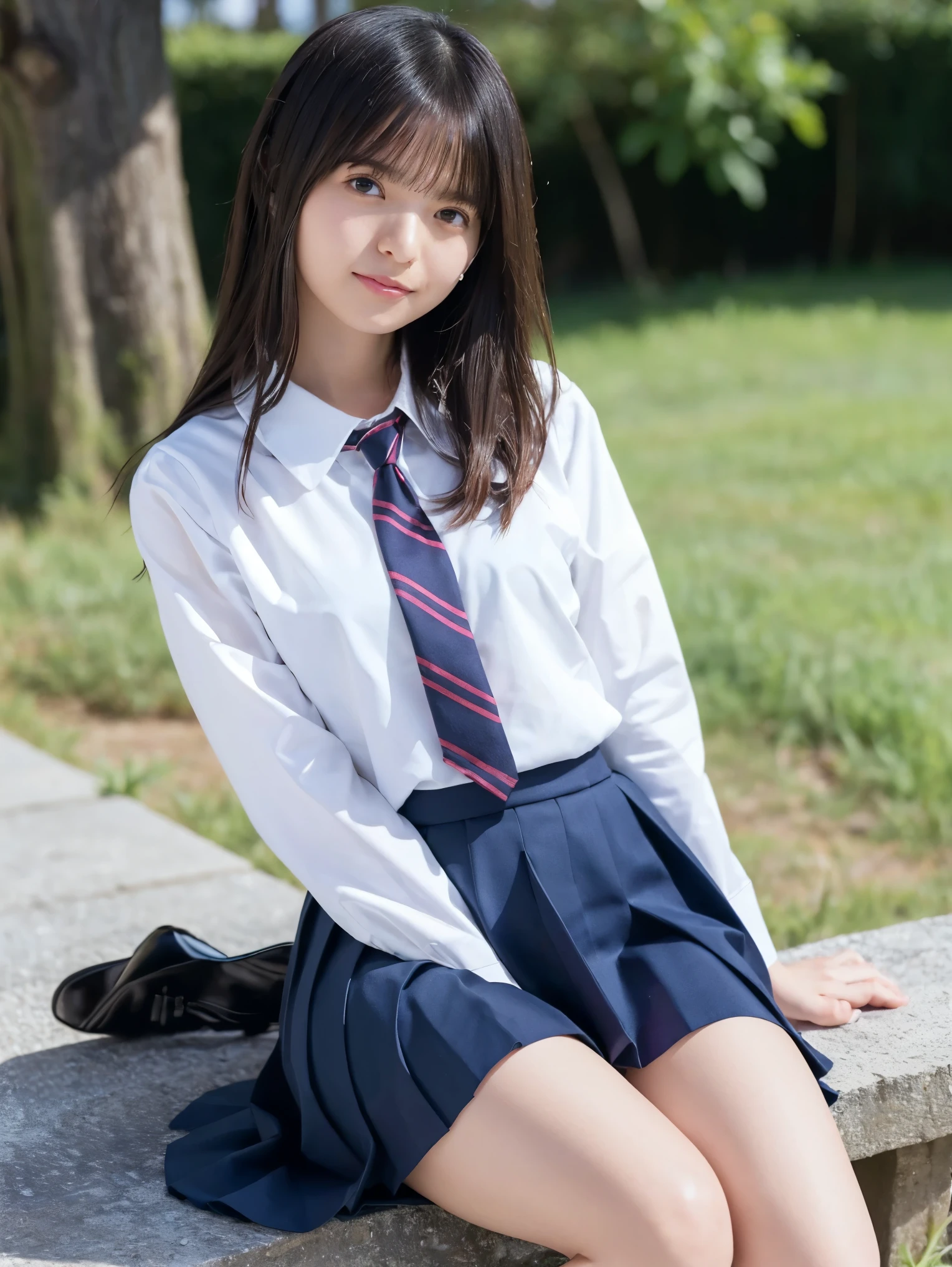 (masterpiece, top quality , top quality , Official Art, beautiful、 beautiful:1.2), ,(RAW 写真 top quality :1.1),( One Girl ), ( fractal art :1.2), absurd, high res, very detailed, Ultra-precision performance, Alone, Floating Hair,, charming smile ,Asymmetrical Berry Short, (:1.2), perfect body, slender body ,School,, facing forward ,(whole body:1.3),( cute, adorable),School Uniform, micro miniskirt,blouse, ties, realistic skin texture ,自分の抱きしめるfeet, feet ,UNDER THE SKIRT,