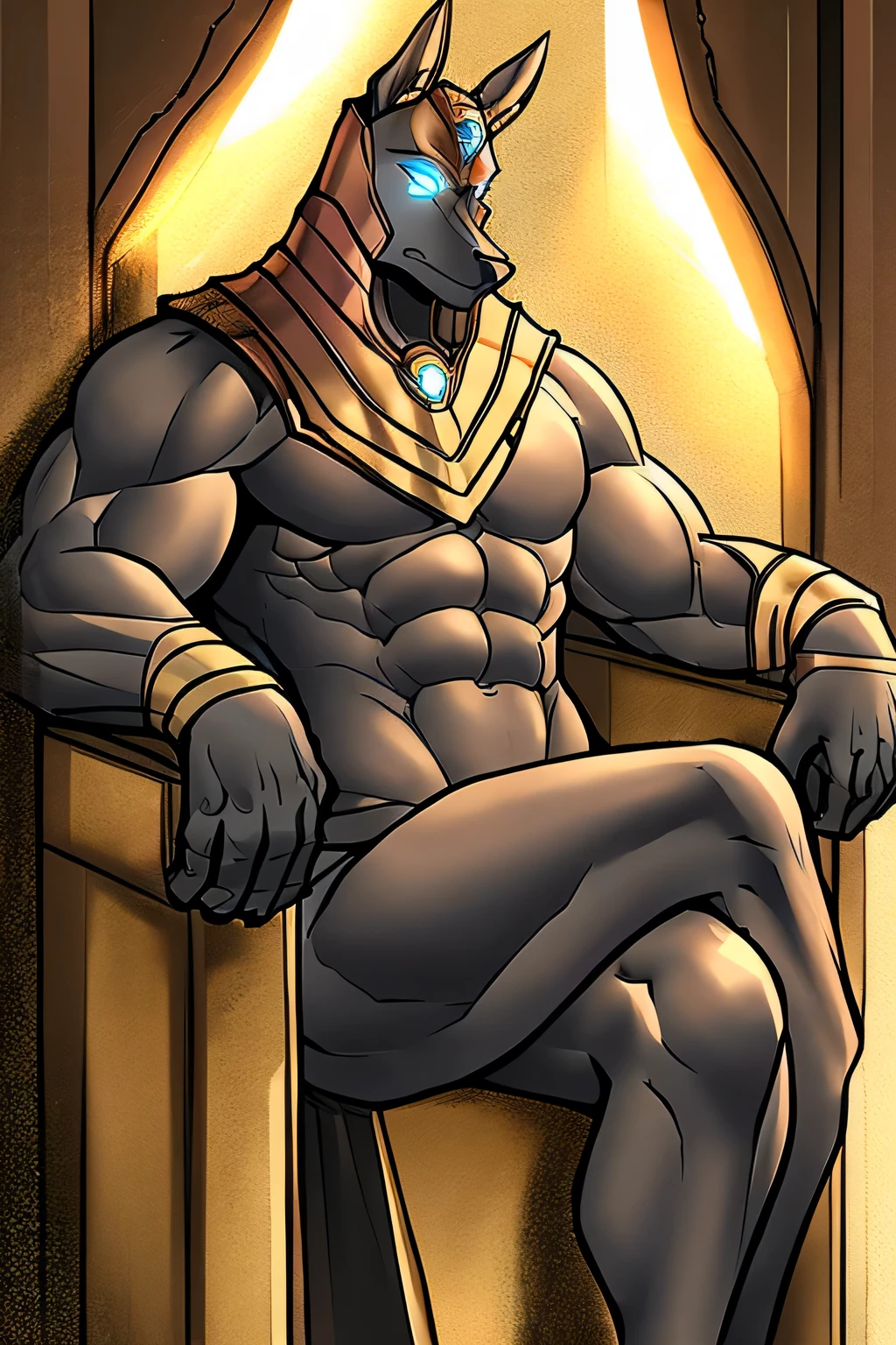 detailed, detailed eyes, detailed face, detailed hands, adult male, solo, nasus, sitting in an throne with crossed legs, crossed legs, crossed legs with a leg positioned over and crossing their thigh, completely naked, naked, nude, serious expression, blue eyes, glowing eyes, sand powers, imposing, full-length portrait,