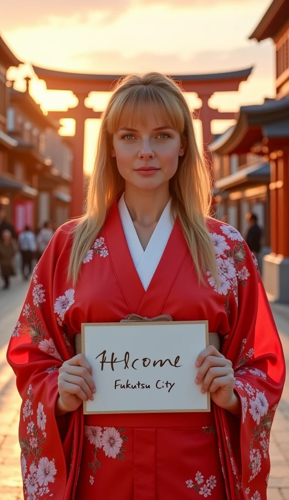  Front view, Name is Rebecca Ferguson,  1 woman, beautiful young American woman,  30-age, (blond  hair, middle hair , fringe, beautiful dark blue eye, smile), (C cup breasts, wide hip), ( Japanese traditional Red Kimono, kimono's below  flower pattern , White obi with flower pattern ) , White board hold both hands, writing word "Welcome Fukutsu City" front Shinto shrine, The Road of Light , sunrise, (super detail, high details, high quality, accurate, anatomically correct, textured skin, beautiful fingers super detail, high details, high quality, best quality)