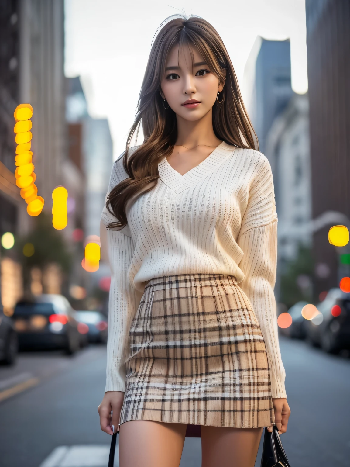 Arafed asian woman in a skirt and sweater standing on a city street ...