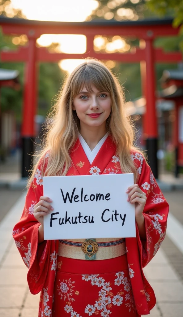  Front view, Name is Melanie Lauren,  1 woman, beautiful young American woman,  30-age, (blond  hair, middle hair , fringe, beautiful dark blue eye, smile), (C cup breasts, wide hip), ( Japanese traditional Red Kimono, kimono's below  flower pattern , White obi with flower pattern ) , White board hold both hands, writing word "Welcome Fukutsu City" front Shinto shrine, The Road of Light , sunrise, (super detail, high details, high quality, accurate, anatomically correct, textured skin, beautiful fingers super detail, high details, high quality, best quality)