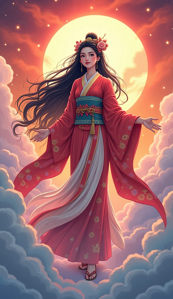  Beautiful Goddess Amaterasu, whole body, Japan's highest goddess ,  A gentle face,  beautiful dark hair, Takamagahara prayer, Vivid Rainbow Clouds ,  high image quality, masterpiece, Cartoon Art, 