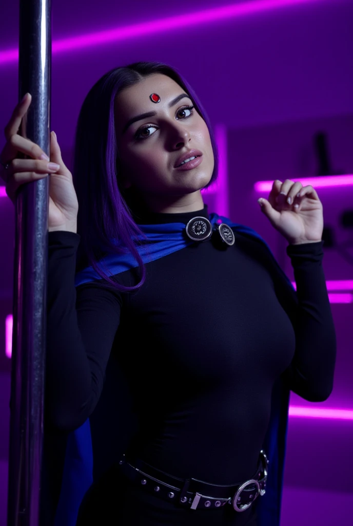 "Create a hyper-realistic, cinematic-quality image of Jenna Ortega ((j3nnaort3ga)) cosplaying as Raven from the DC Comics series Teen Titans. Jenna embodies Raven's iconic look with striking authenticity. Her grey skin is rendered with lifelike detail, and she wears a sleek black leotard that accentuates her perfect female figure. A belt cinches her waist, and she is draped in a flowing blue cloak and blue cape, adding depth and movement to her silhouette.

Her purple hair cascades down her shoulders, and a red forehead jewel adds a mystical touch to her appearance. Jenna's lips are full and sensual, completing her transformation into the enigmatic Titan. She is captured in a dynamic pose, holding a pole with a strength and grace that highlights her pole dancing skills, set against a backdrop of purple lights that create a cyberpunk nightclub atmosphere.

The scene is lit with a combination of neon and ambient light, casting dramatic shadows and highlights that enhance the cinematic quality of the image. The cyberpunk nightclub setting is detailed and immersive, with futuristic elements that add to the overall realism and atmosphere. The lighting is carefully crafted to highlight Jenna's features and the textures of her costume, with a depth of field effect that draws the viewer's eye to her face and the intricate details of her outfit.

Every element of this image is rendered with ultra quality and professional photo session standards, focusing on realistic textures and subtle beauty. The final result is a photorealistic portrayal of Jenna Ortega as Raven, capturing the essence of the character with striking realism and attention to detail.

This prompt is designed to generate a detailed, tasteful, and photorealistic image, blending the iconic elements of Raven with the stunning realism and beauty of Jenna Ortega, resulting in a truly captivating and lifelike cosplay portrayal."