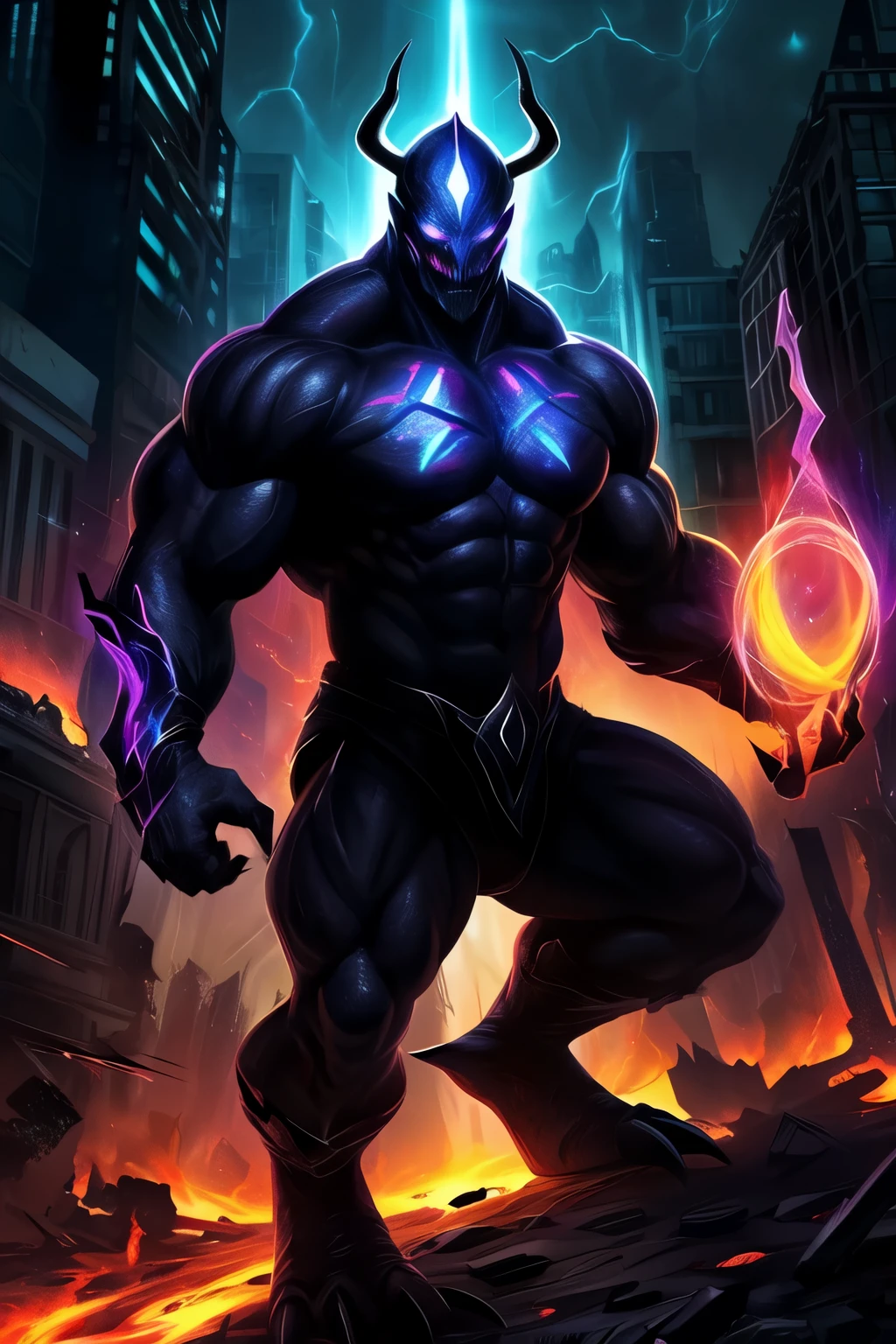 Rendered in ultra high definition, a muscular figure embodies the essence of a space elemental. His chiseled physique is accentuated by the slim-fitting briefs that reveal every muscle and sinew. His toned torso glows with an ethereal light, suggestive of cosmic energies pulsing within him. His face, etched with intricate details and expressive features, exudes intense focus and determination. His eyes, sharp and bright, are like diamonds reflecting the vast expanse of the universe. Surrounding him are intricately detailed swirls of galaxies, nebulae, and stars that blend seamlessly with his muscular form. By the master