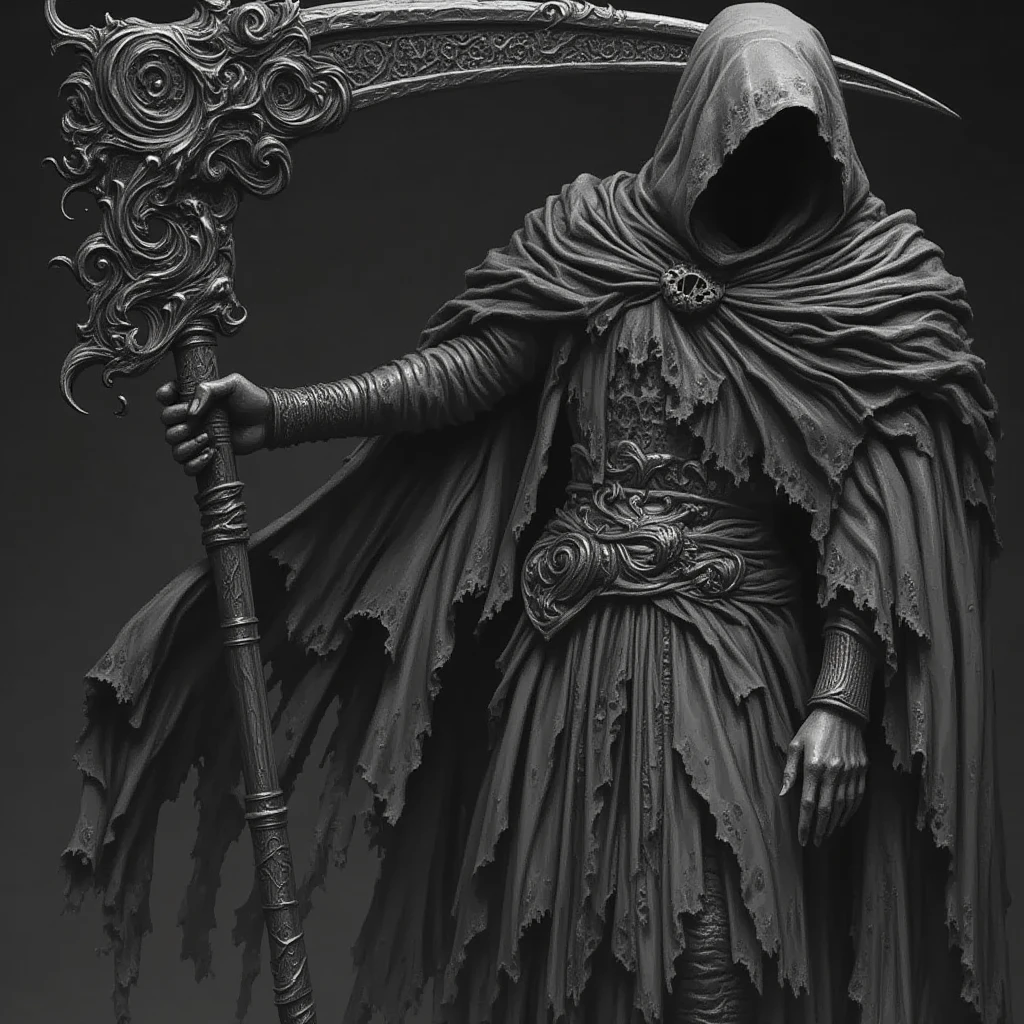 deadly horror, A striking monochromatic illustration of a grim reaper-like figure, cloaked in intricate, gothic-style robes with ornate patterns and metallic detailing. The figure's face is obscured by deep shadows under the hood, adding a mysterious and ominous aura. The large, ornate scythe held by the figure is highly detailed, featuring swirling engravings and elaborate decorations along the blade and handle. The texture of the robes is rich and layered, with flowing fabrics and tattered edges, contributing to a sense of age and decay. The overall mood of the artwork is dark and foreboding, emphasizing the themes of mortality and the macabre