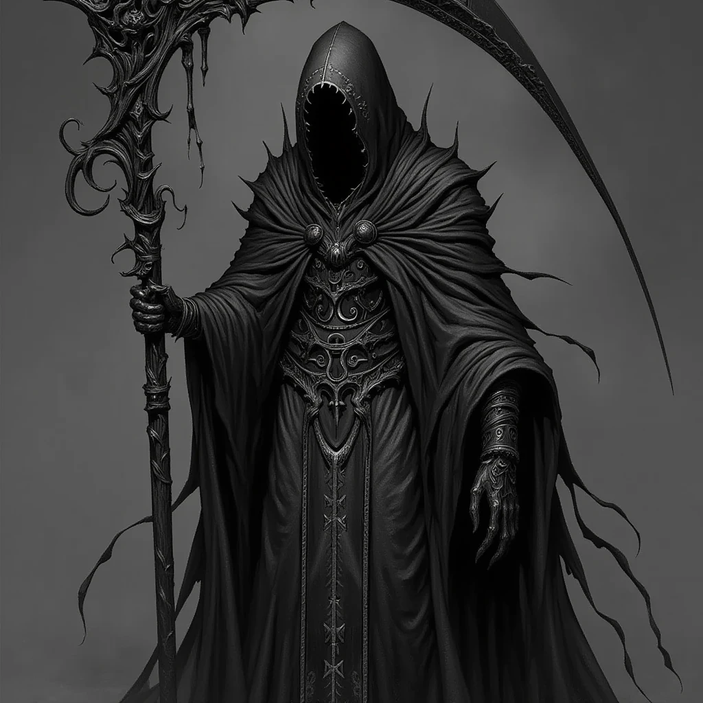 deadly horror, A striking monochromatic illustration of a grim reaper-like figure, cloaked in intricate, gothic-style robes with ornate patterns and metallic detailing. The figure's face is obscured by deep shadows under the hood, adding a mysterious and ominous aura. The large, ornate scythe held by the figure is highly detailed, featuring swirling engravings and elaborate decorations along the blade and handle. The texture of the robes is rich and layered, with flowing fabrics and tattered edges, contributing to a sense of age and decay. The overall mood of the artwork is dark and foreboding, emphasizing the themes of mortality and the macabre