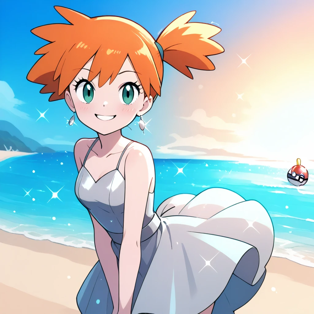 Misty_pokemon , orange hair, Elegant silver dress with glitter, girl having fun in the sea, beach, nice smile, high quality image, details on the dress, 8k, high quality, sparkles