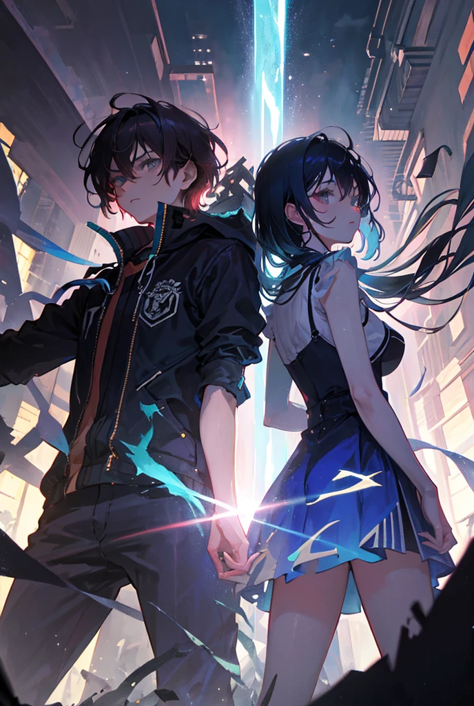 an anime boy with black eyes and black hair against a backdrop of a frenetic dark world, smiling, with a fearless and relaxed expression, wearing futuristic clothing with blue neon lights and comfortable shorts, the character is young and has white orographic wings like an angel, In the background, evil entities can be seen
