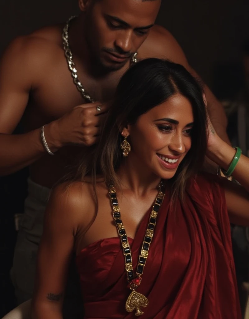 A naughty and curvaceous light neutral skin tone Antonella Roccuzzo in completely sweaty hairs, in a traditional attire, wearing a deep red messed up elegant saree and intricate jewelry glass green bangles and a red small bindi between her eyebrow's lady wearing a thin an long necklace is made of gold and has a long chain with black and gold beads. The beads are arranged in a repeating pattern, with the largest bead at the bottom and the smallest at the top. In the center of the necklace, there is a pendant with a design in the shape of a queen of spade symbol, The pendant is attached to the chain with a gold clasp. The overall style of the jewelry is traditional sits in a chair surprise her expression is painful, wide-eyed and mouth agape, lady is crying tearful eyes with messed up eye mascara,  lady standing and top of the lady a black african man wearing a thick silver chain is mounting on the lady and pulling the lady's hairs from behind, the black african man has an evil smile expression looking at the viewer , UHD, retina, masterpiece, accurate, anatomically correct, textured skin, super detail, high details, high quality, award winning, best quality, highres, 1080P, H, Antonela Roccuzzo 