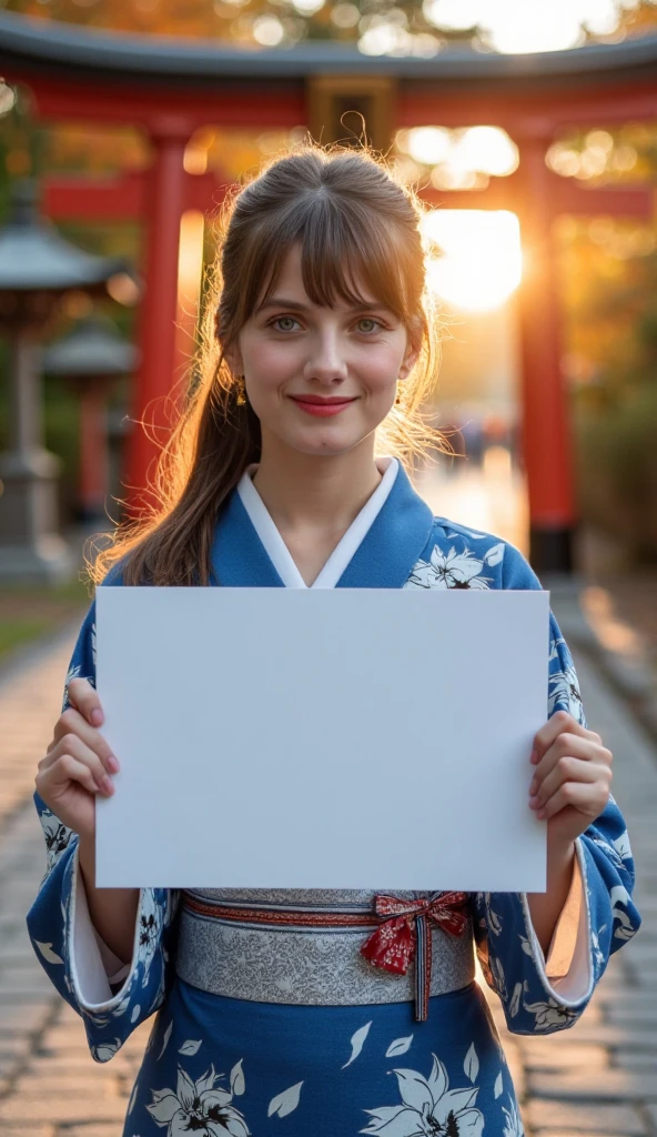  Front view, Name is Melanie Lauren,  1 woman, beautiful young French woman,  30-age, (brown  hair, ponytail hair , fringe, beautiful dark blue eye, smile), (C cup breasts, wide hip), ( Japanese traditional Blue Kimono, kimono's below  flower pattern , White obi with flower pattern ) , White board hold both hands, writing word "Welcome Fukutsu City" front Shinto shrine, The Road of Light , sunrise, (super detail, high details, high quality, accurate, anatomically correct, textured skin, beautiful fingers super detail, high details, high quality, best quality)