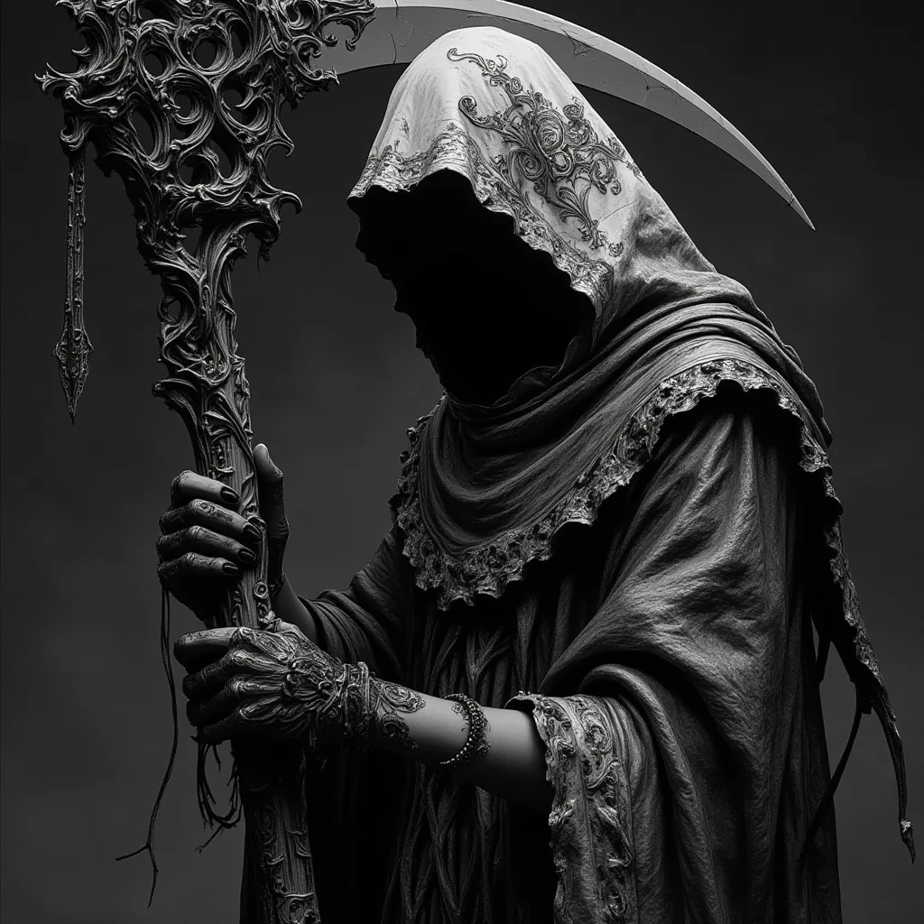 deadly horror, A striking monochromatic illustration of a grim reaper-like figure, cloaked in intricate, gothic-style robes with ornate patterns and metallic detailing. The figure's face is obscured by deep shadows under the hood, adding a mysterious and ominous aura. The large, ornate scythe held by the figure is highly detailed, featuring swirling engravings and elaborate decorations along the blade and handle. The texture of the robes is rich and layered, with flowing fabrics and tattered edges, contributing to a sense of age and decay. The overall mood of the artwork is dark and foreboding, emphasizing the themes of mortality and the macabre
