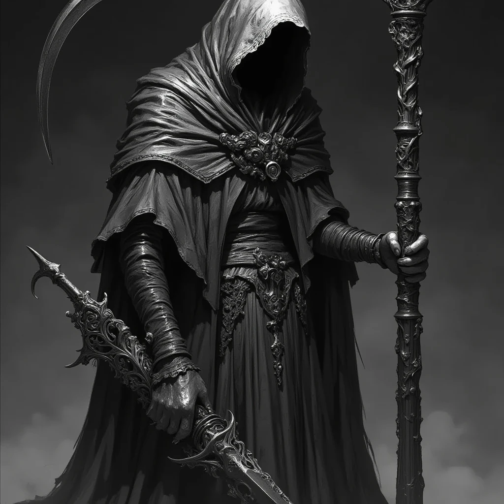 deadly horror, A striking monochromatic illustration of a grim reaper-like figure, cloaked in intricate, gothic-style robes with ornate patterns and metallic detailing. The figure's face is obscured by deep shadows under the hood, adding a mysterious and ominous aura. The large, ornate scythe held by the figure is highly detailed, featuring swirling engravings and elaborate decorations along the blade and handle. The texture of the robes is rich and layered, with flowing fabrics and tattered edges, contributing to a sense of age and decay. The overall mood of the artwork is dark and foreboding, emphasizing the themes of mortality and the macabre
