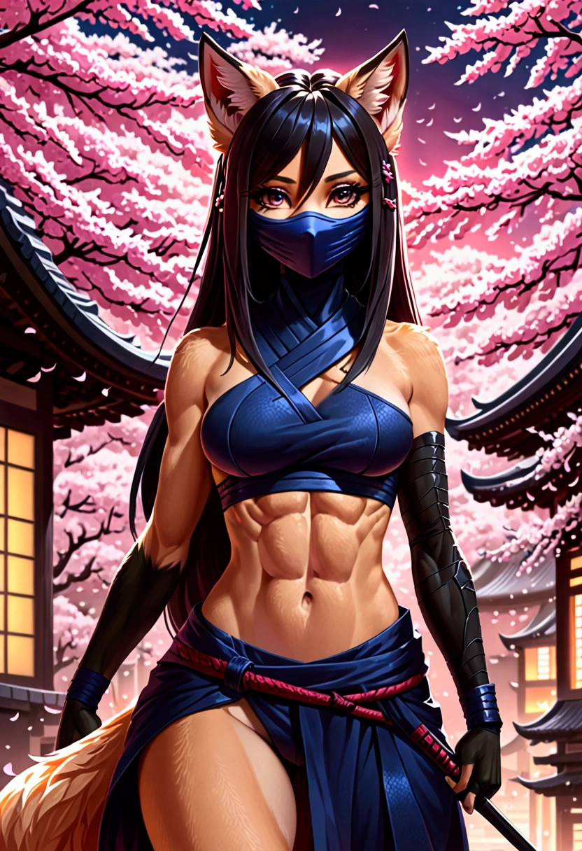 Anthropomorphic fox, female, sexy, ninja clothes, ninja mask, well-toned abs, stealthy, ninja attack, cherry tree blossom background, cyberpunk, long hairstyle