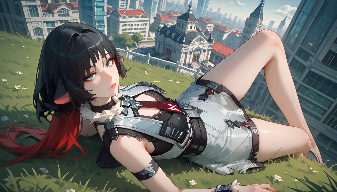 yanedoe- zzz, aqua eyes, long hair, black hair,  red hair , Animal ears,  looks at the viewer, Above the building,I look at the city, sexy clothes , lies on the grass,  legs raised up , erotica, very sexy,  sexy pose, summer dress,  sexy clothes ,