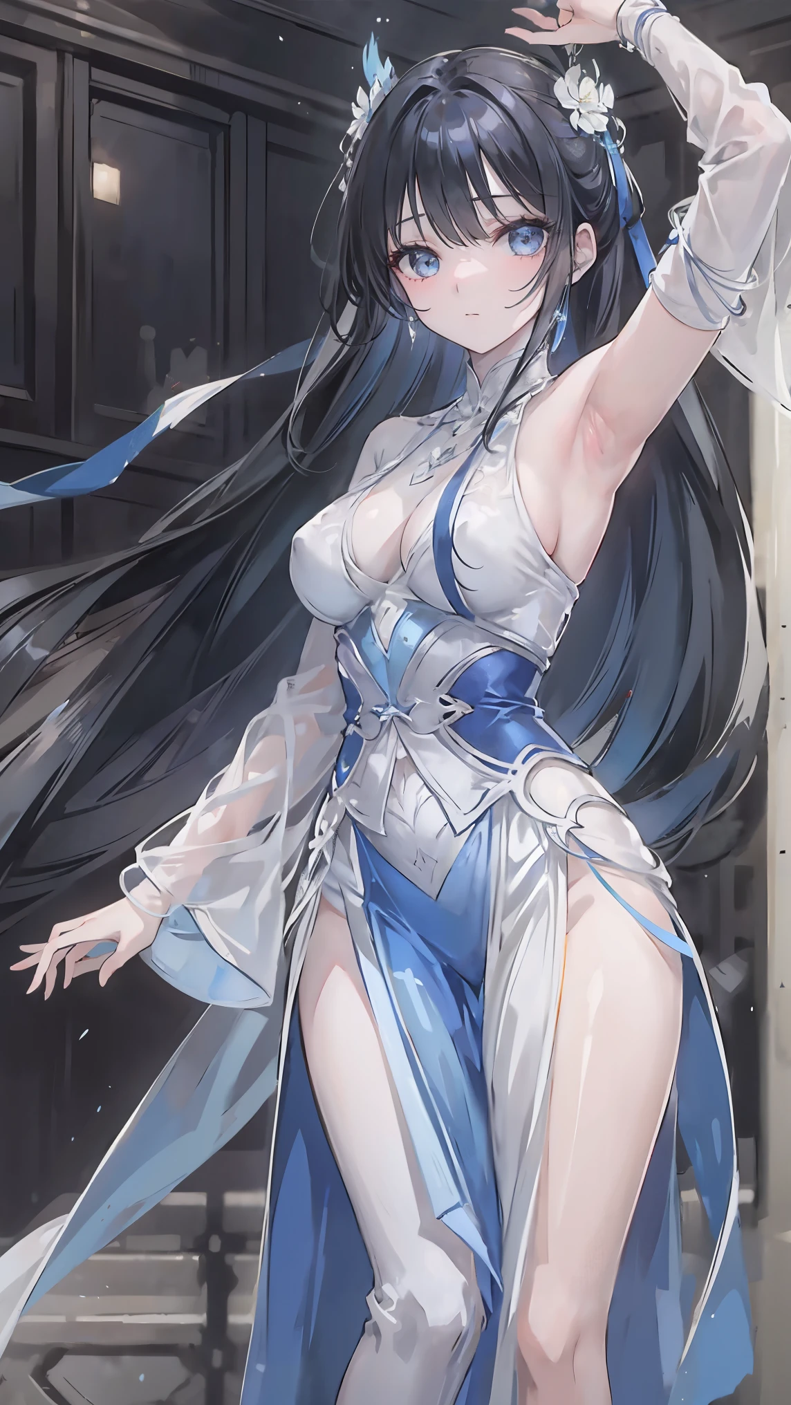 a beautiful young woman , long hair,Wearing pajamas,From below, limbs landing, action girl,Raise your hand,close up, close to camera,armpit,groin,river,Rift,Umbilical cord