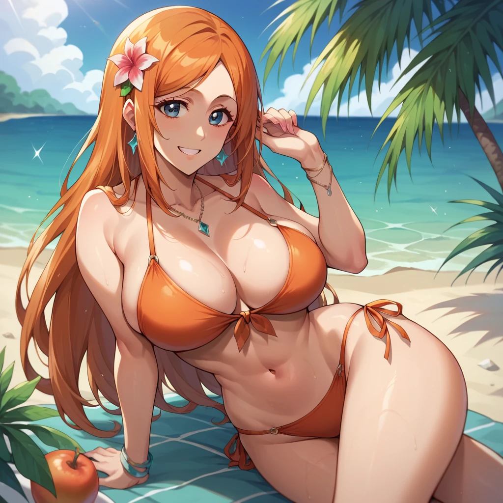 Orihime Inoue ,  bright orange hair  , smile  , big breasts, pale skin ,   bikini rojo.  fondo una laya tropical.