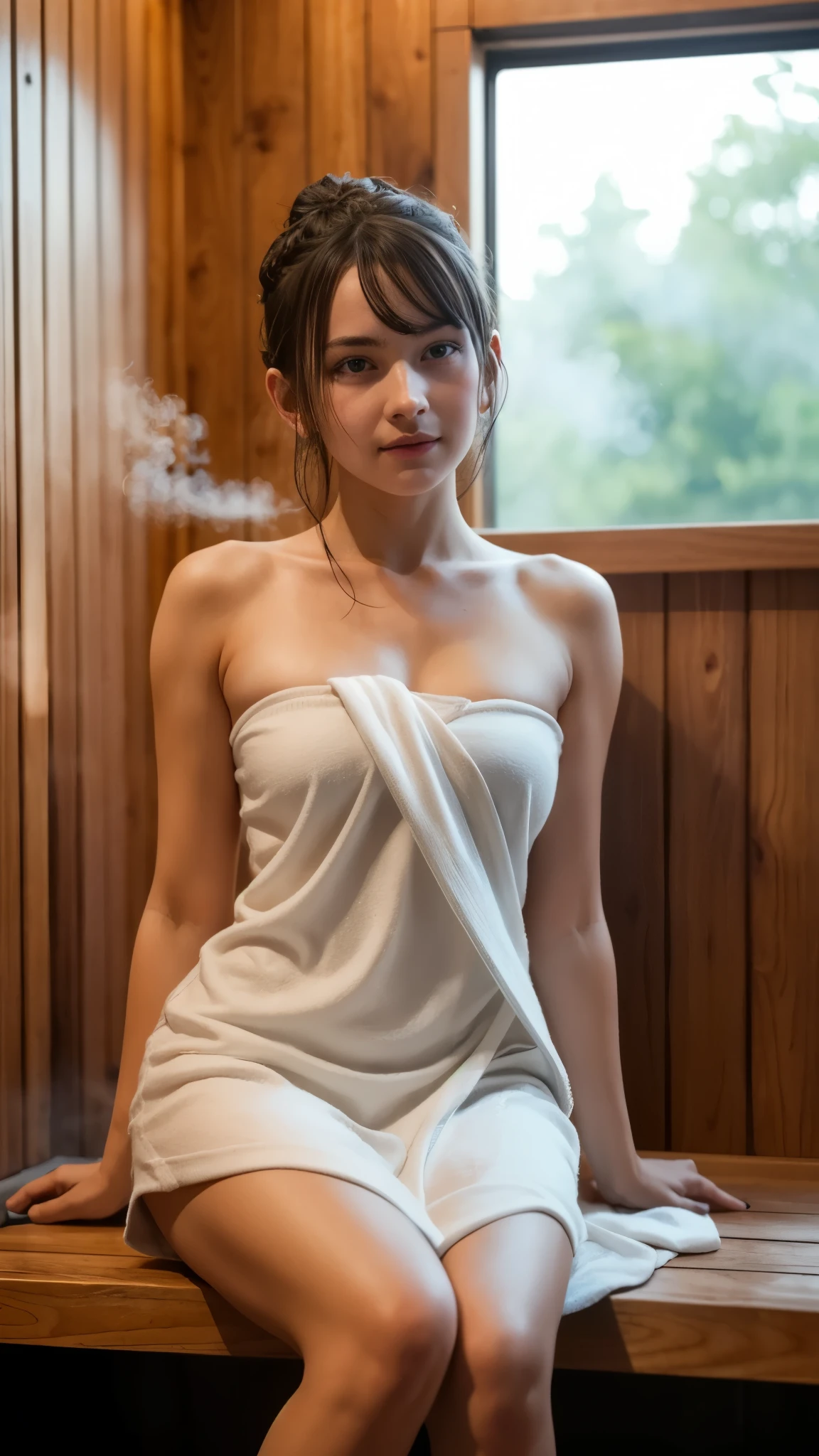 girl in sauna, BREAK, girl, wrapped in towel, detailed skin, sweating, shiny skin, sweat drop, (yo, cute:1.6), breasts, thigh, shoulder, tied hair, side bangs, long bangs, looking at viewer, wood walls, (warm steam:1.2), RAW photo, masterpiece, top quality, very detailed, complicated, professional photoshoot, high dynamic range, realistic, gentle, photogenic, beautiful office, super detailed colors, calm, goddess-like, delicate sexy, sensual, (blushing), brown straight hair, french braid, ear piercing,