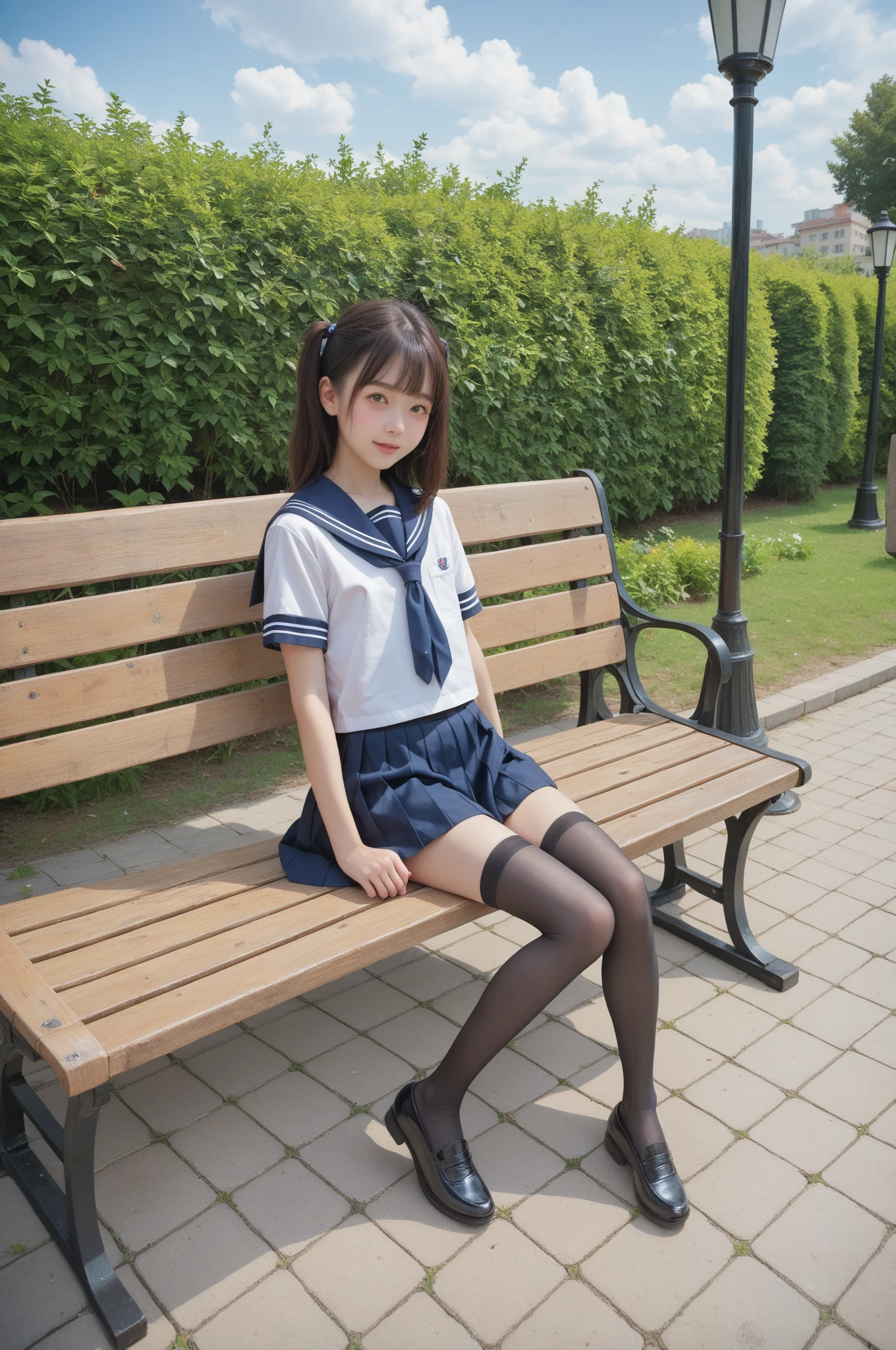   sailor suit ,***************************, cute girl,masterpiece,4K,8k,16k,  black stockings,  sit on a park bench , is short