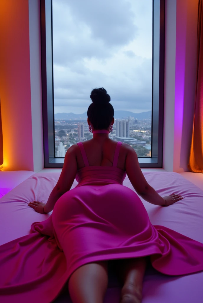  Nicki Minaj laying on a bed in a long spandex dress, rear view angle fully, big window that shows modern city background, highly detailed, 4k, realistic pose, realistic body, 2 legs, 2 arms, back view, nicki looking to the window. Inside the room we got orange and purple lights and outside it's cloudy, The image is captured in a raw unfiltered style with the Nikon Z8, highlighting the natural textures and rich detail in her hair and clothing.