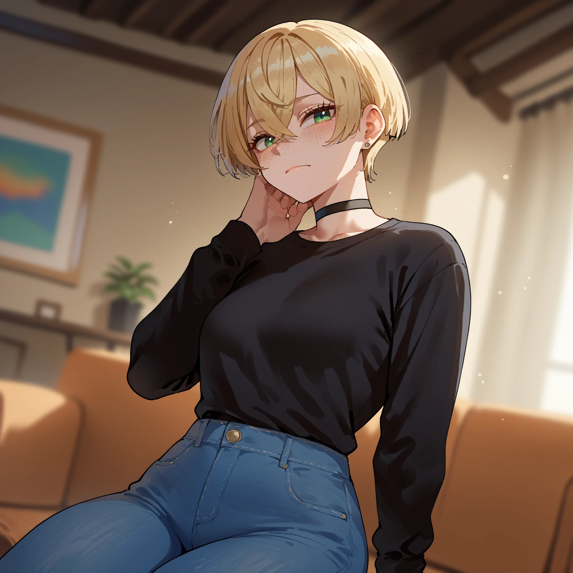 score_9, score_8_up, score_7_up, score_6_up, score_5_up, score_4_up, source_anime, rating_safe, nyantcha style, three quarter view, 1girl, teenager, green eyes, blonde hair, crossed bangs, short hair, pixie cut, freckles, big breasts, thick thighs, eyelashes, aegyo sal, hand on neck, stud earrings, black shirt, long sleeves, choker, denim pants, looking at viewer, stoic, indoors, blurry background, warm lighting, sitting, upper body, dutch angle
