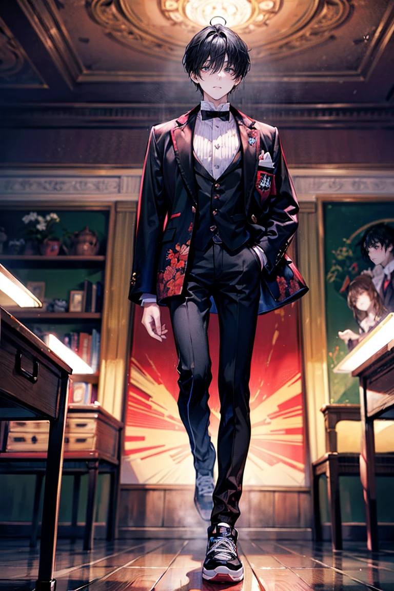 Wide full-body view, a man standing with his hands on a desk, 8K resolution, high detail, around 20 years old, (one male:1.5), black hair, long bangs:1.5, parallel eyebrows, sanpaku eyes, droopy eyes, dark red eyes, student-like attire, white shirt, dark red knit vest:1.5, black pants, black sneakers, bandaged neck, classroom, desks and chairs arranged haphazardly, black, dark red, dimly lit classroom, dark:1.5, ((UHD, masterpiece, super detail, best quality, high-res, 8k)), (detailed line art), {perfect face, perfect body, perfect hands, perfect feet}.