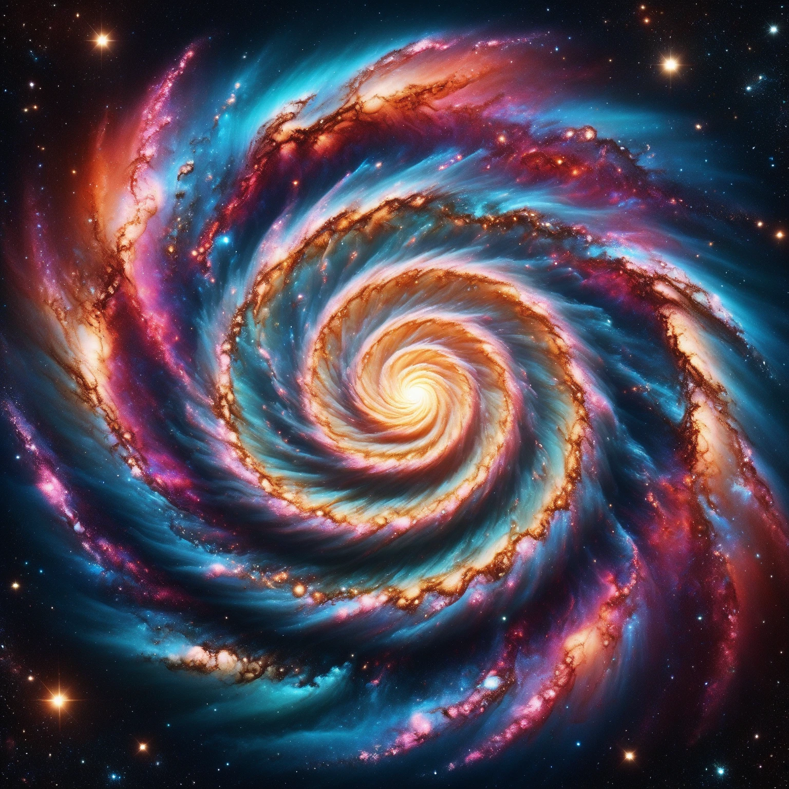 A giant swirling siraled galaxy set in deep space. Beautiful textured vortex spiral with complex and intricate lines and patterns set against the blackness of space. Use rich vibrant colors and 3d holograpms with neon colors. Deep space influence. Add color that is bright and super saturated and highlighted. Perfect symmetry, rotational symmetry, Realism. Pixel art, swirling vortex. Whirlpool spirals. Photo-realistic, UHD, cinematic photography, cinematic lighting, cinematic portrait  portrait photography, cinematic, realism, ultra detailed.