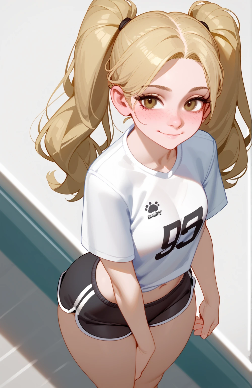 score_9,score_8_above,score_7_above,score_6_above,score_5_above,score_4_above,1 ,   beautiful,  shy smile,  blonde hair, in ponytails, pale skin, highly detailed face, cute nose, seductive, freckles,  t-shirt,  sports shorts,large bust,  wide hips , big ass,bubble butt,athletic legs,Juicy,warm,lust,seductive sexual pose,  uncensored 
