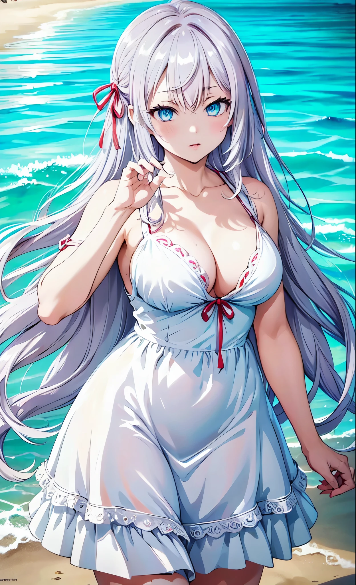 Masterpiece, best quality, highres, highly detailed, 1 girl, long hair, white hair, half - up style hair, red ribbons in right side head, aqua eyes, large breast, summer dress, beach background, camera angle from under her, perfect finger shape, the number of fingers is not excessive, the number of fingers is perfect,